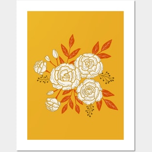 Delicate roses - White on yellow background Posters and Art